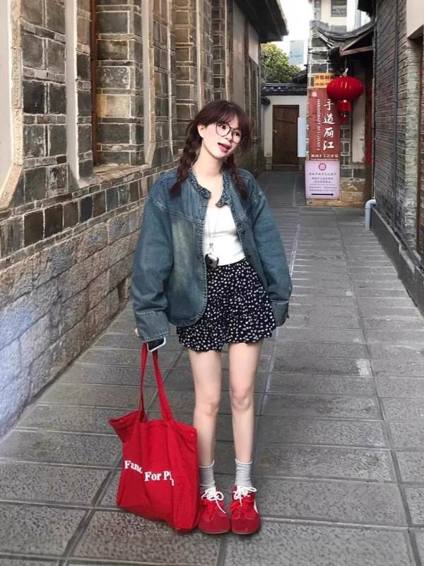 港风复古时尚做旧牛仔外套女2025春秋季新款宽松显瘦休闲通勤上衣|undefined