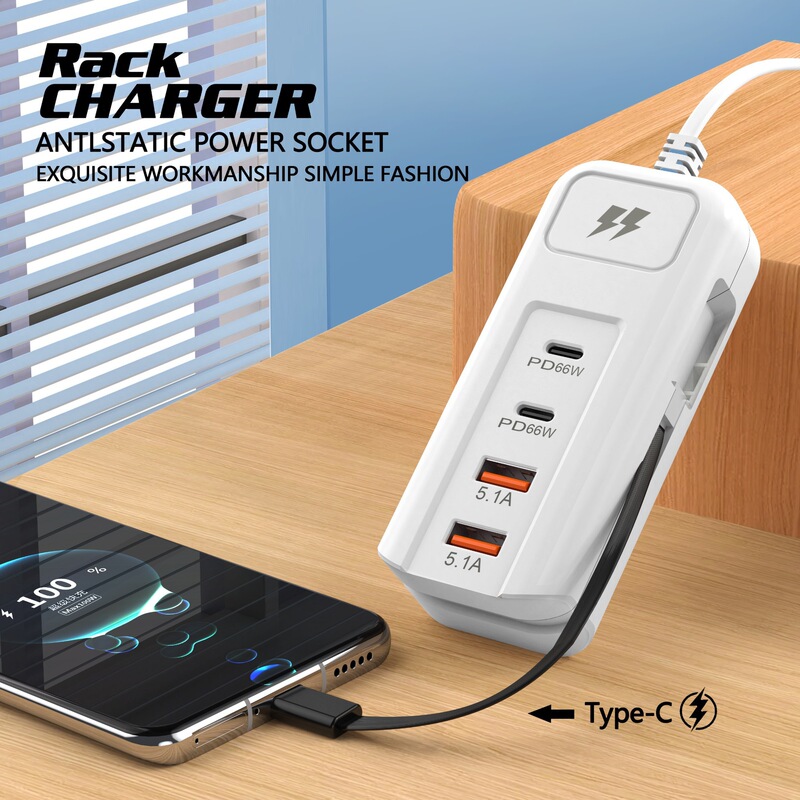 Manufacturer 4Usb Row Charger 66W Multi-Port Dual Type-C Gallium Nitride Mobile Phone Fast Charging Head Extension Cord Socket