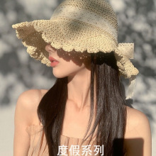 编织蝴蝶结草帽夏季户外三亚海边沙滩遮阳太阳帽防晒大檐渔夫帽
