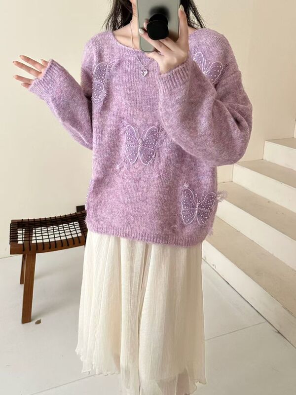 设计感立体蝴蝶套头毛衣女2025秋冬新款温柔气质显瘦百搭针织衫潮|undefined