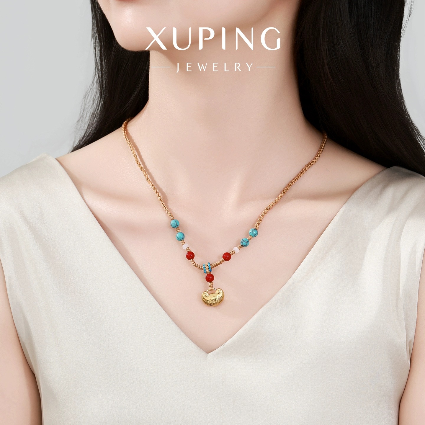 Xuping tejido a mano ajustable collar cuentas de acero inoxidable imitación de oro yuanbao collar de cuerda de tejido para mujeres image 4