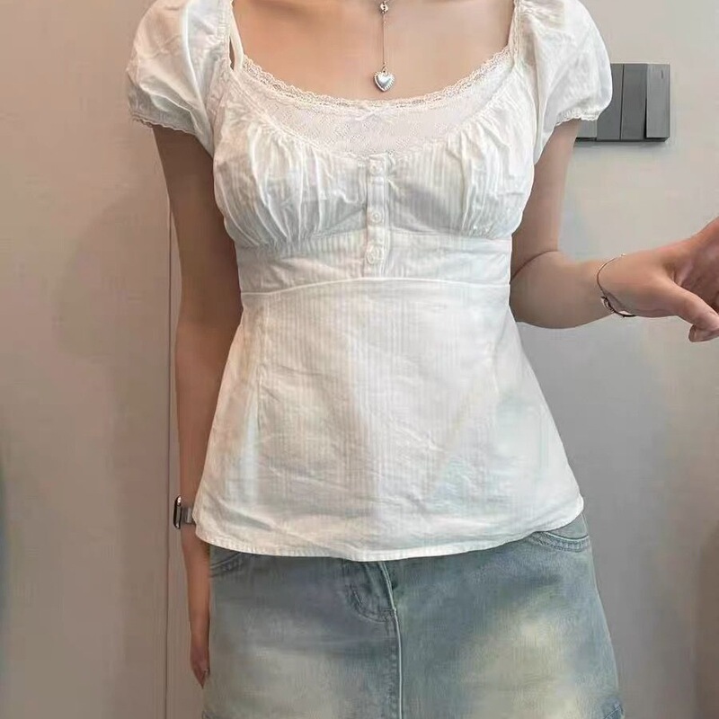 Shirt Women's New All-match Short-sleeve Llace Collar Solid Color Three-button Top with Waistline BM Slim BM Spice Girl Style