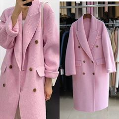 高級感精紡ピンクの羊のキャメルの菱の形の格の両面のカシミヤのコートの女性の正の肩幅の松のウールのラシャのコート