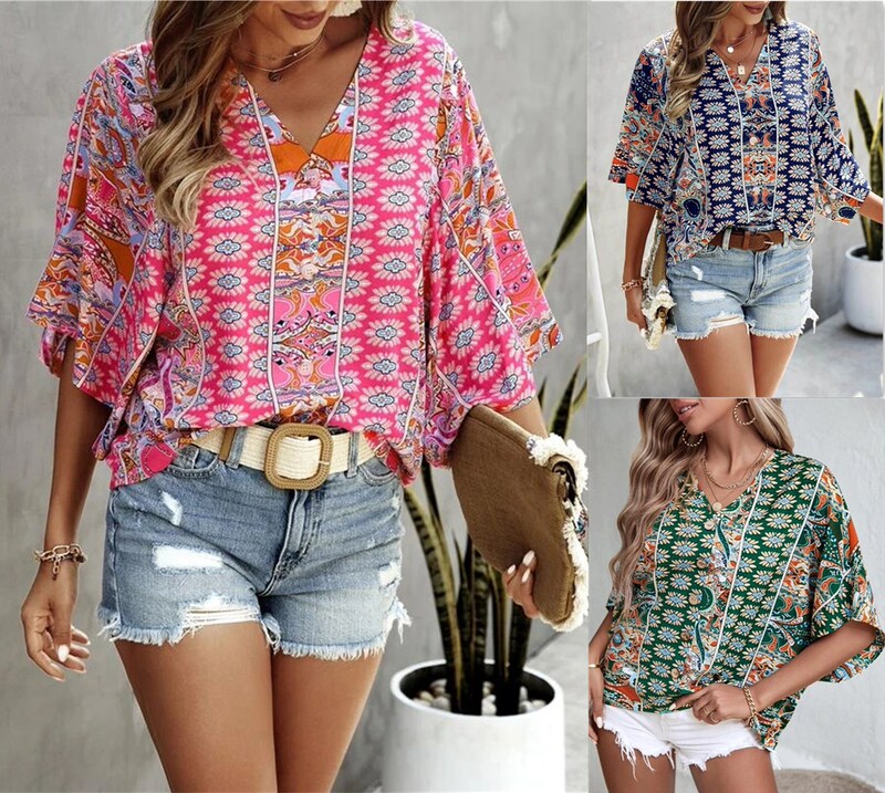 Amazon Women Bohemian Style Top 2022 Floral Print Button Detail Shirt