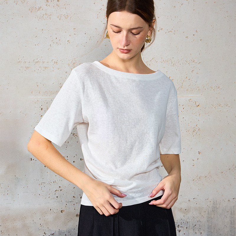 Simple Short Cotton-Linen Knit Top for Women, Spring/Summer, Boat Neck, Cotton-Linen, Half-Sleeve, Waist-Cinching, Asymmetrical Shoulder, Casual Off-Shoulder T-Shirt