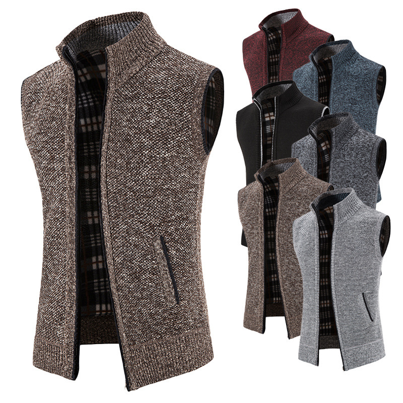 Foreign Trade Men's Autumn and Winter Cardigan Zipper Sweater Thickened fleece-lined Vertical Collar Vest Knitted Sweater Jacket for Men Foreign Trade Men's Autumn and Winter Cardigan Zipper Sweater Thickened fleece-lined Vertical Collar Vest Knitted Sweater Jacket for Men