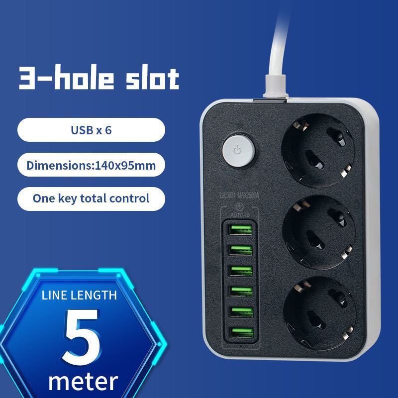 Enchufe estándar europeo agujero redondo de 3 bits + 6 * USB 5 M