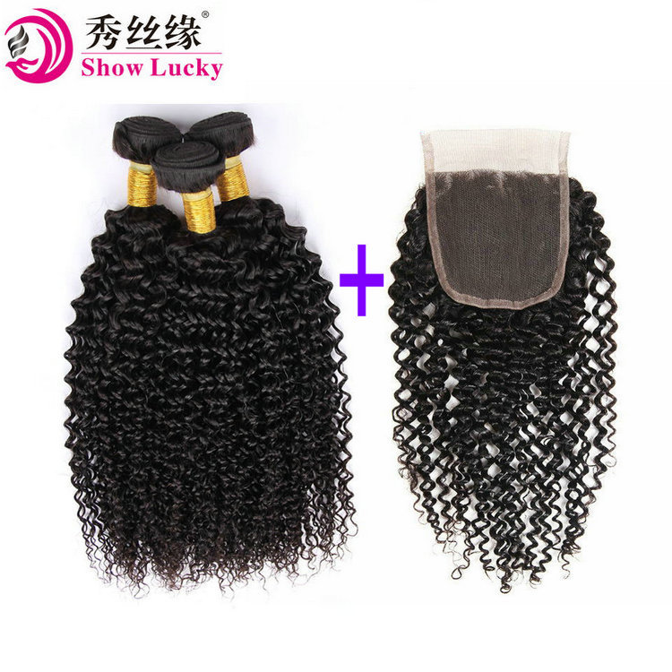 Cortina de cabello real europea y americana Kinky Curly Human Hair With 4*4 Lace Closure