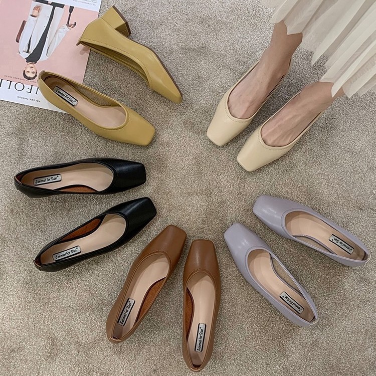 法式粗跟单鞋女鞋子2022年新款夏季方头黑色通勤春季奶奶中跟船鞋