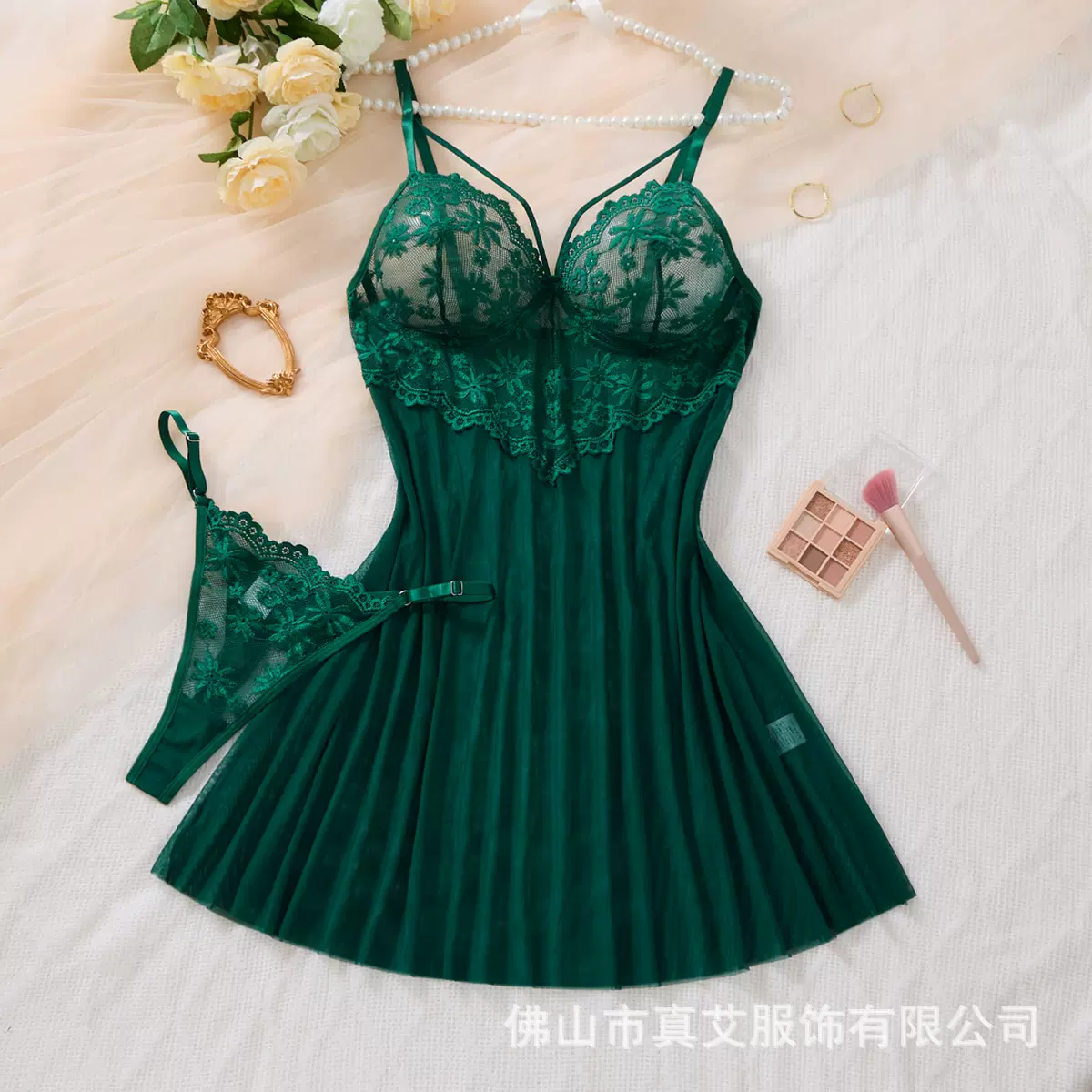 跨境轻薄蕾丝性感睡衣女镂空刺绣火辣调情情趣睡裙家居服批发96