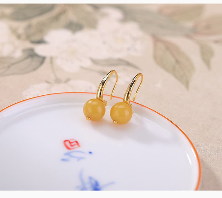 Khuyên tai hoop bạc S925 mạ vàng đính ngọc tự nhiên đơn giản — Mật ong sáp chi tiết 4