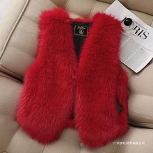 秋冬款狐狸毛皮草马甲仿毛短款女正品多巴胺圣诞红色小个子小香风