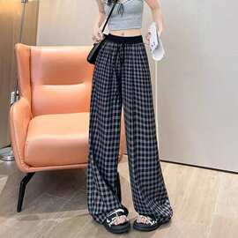 夏季薄款胖MM时尚遮肉垂感长裤韩版慵懒风大码宽松显瘦格子阔腿裤