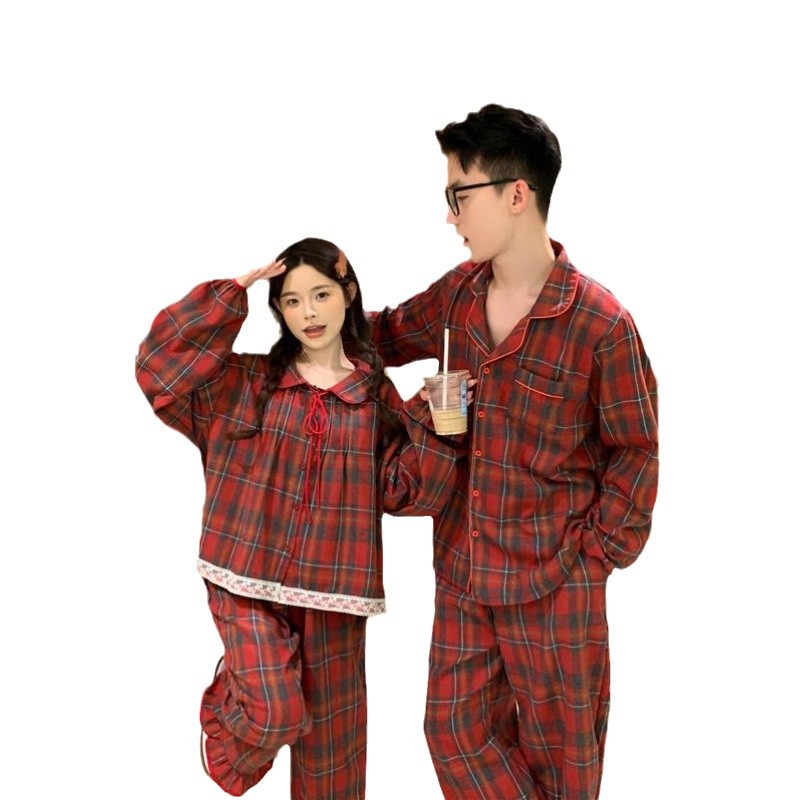 한국어 INS 한국어 버전 가을과 겨울 두껍게 모래 커플 달콤한 공주 스타일 느슨한 행운의 빨간색 그리드 홈 옷 정장