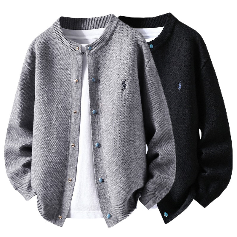 Cross-Border Popular European Size Large Size Horse Riding Label Turquoise Button Cardigan Sweater Men's Jacket Factory Wholesale