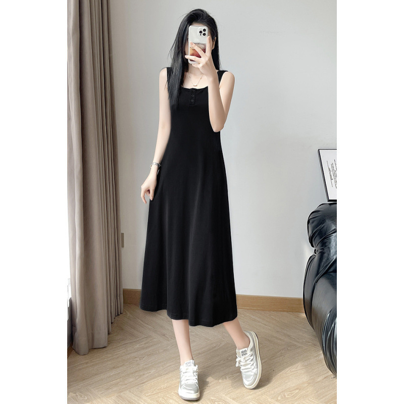 Ice Silk Long Knee-length Button Suspender Vacant Dress Summer Loose Outer Wear Inner 100.00kg Base dress Women