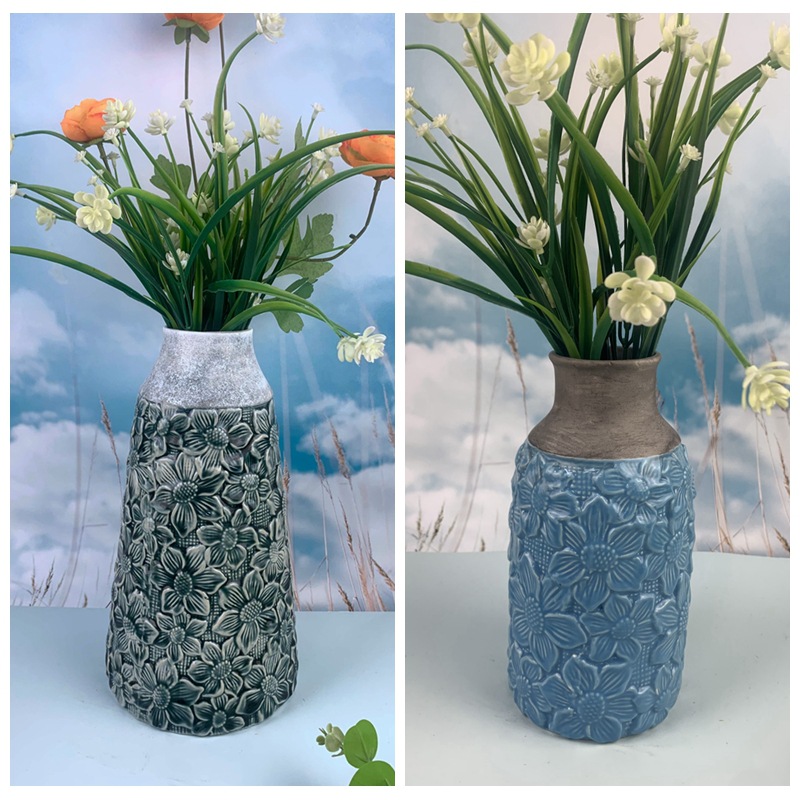 Palace European Ceramic Jarrón Vintage Jarrón Azul Arreglo floral Adornos decorativos Florero en relieve pintado a mano Florero