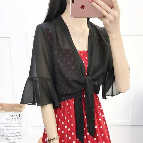 Sheer Sun Shirt with Shoulder Straps, Paired with a Sheer Scarf for Summer, Lightweight, Short-Sleeved, Open Top, Suitable for Matching with a Skirt