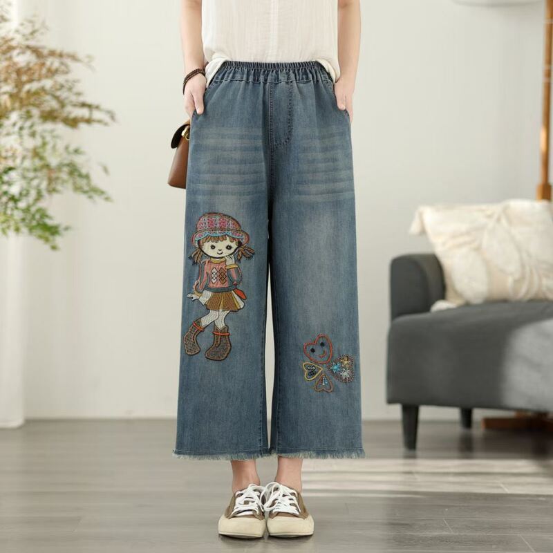 2026 Spring New Vintage Cartoon Embroidery Cropped Jeans for Women, Loose Fit, Slimming High Waist Wide Leg Pants 25255