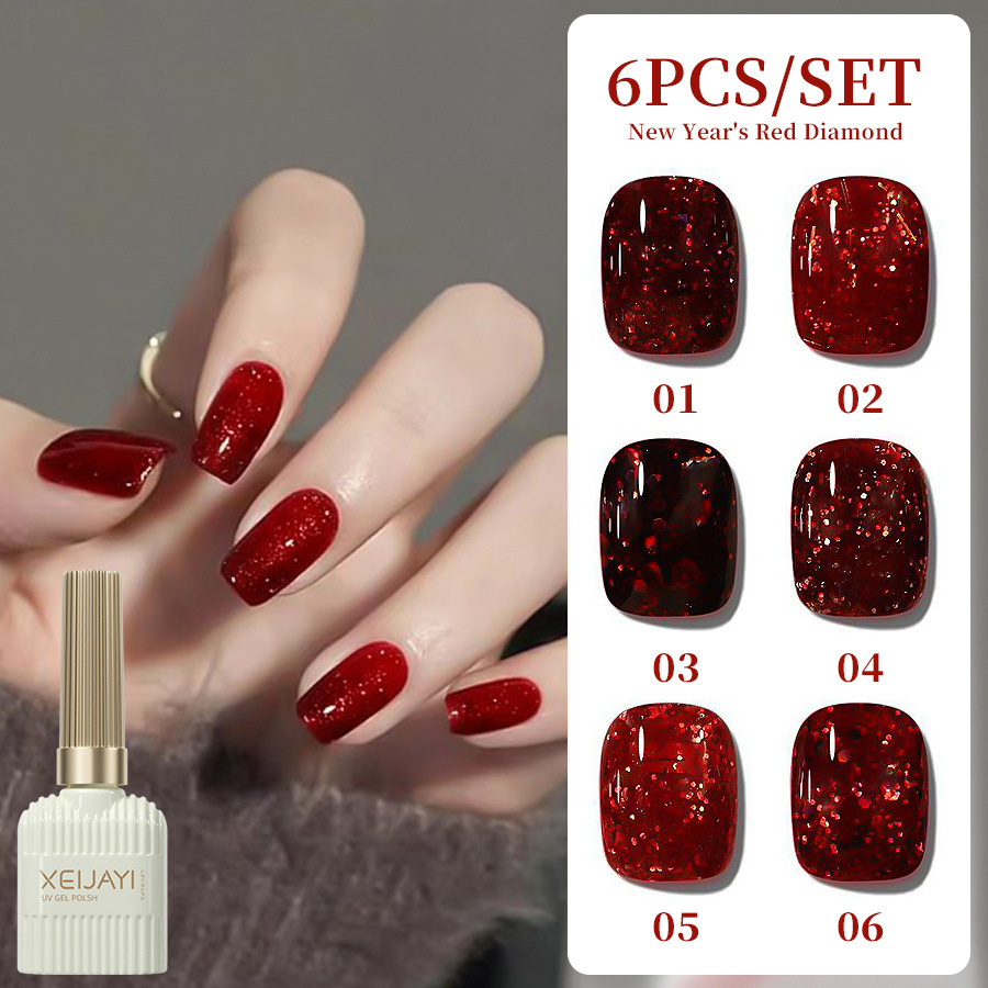 Año nuevo diamante rojo esmalte de uñas pegamento neto rojo esmalte de uñas pegamento de sangre blanco transparente rojo roto diamante flash fototerapia pegamento para salón de uñas