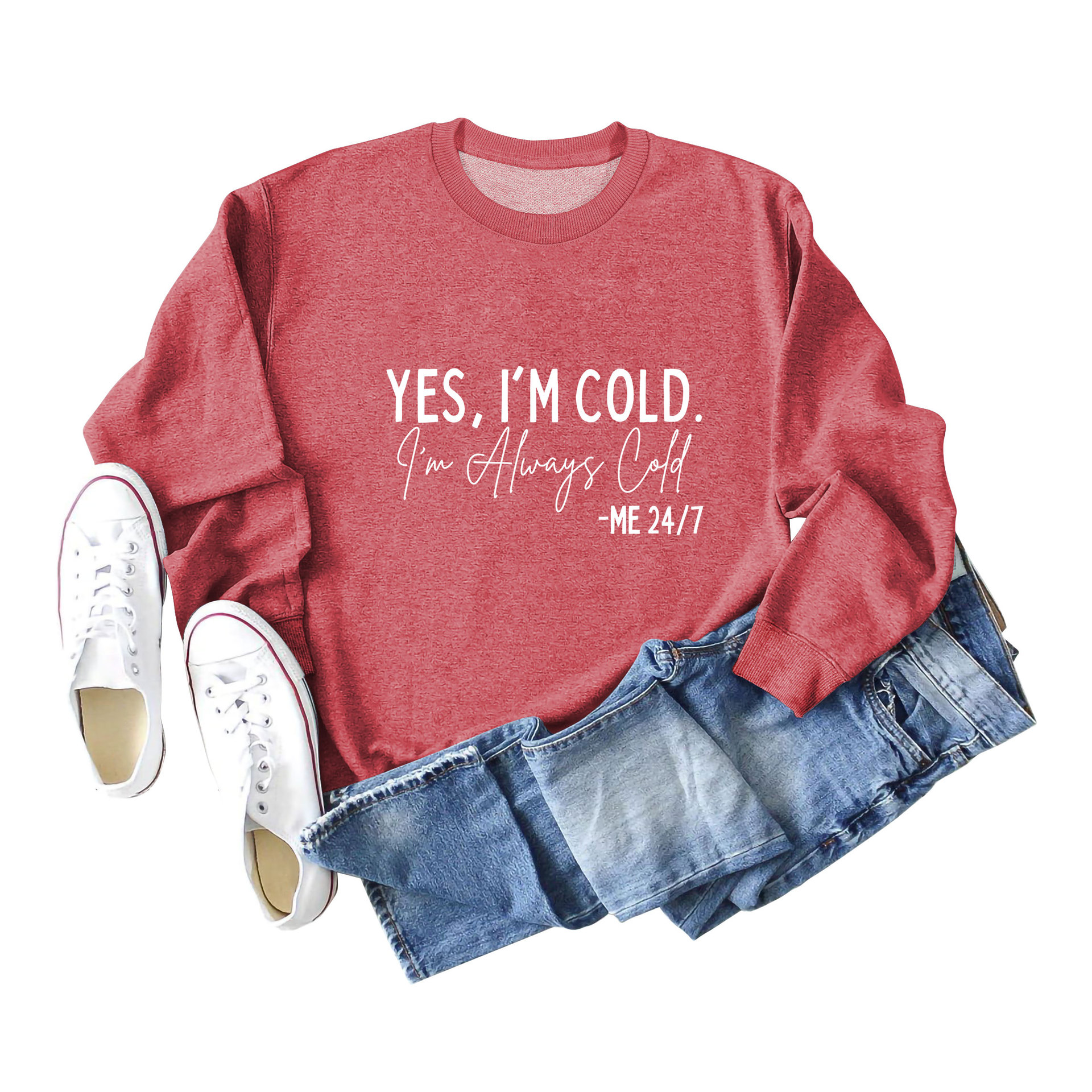 Amazon Transbordador YES I'M COLD I'm Always Cold Suéter con estampado minimalista Cuello redondo Top Mujer