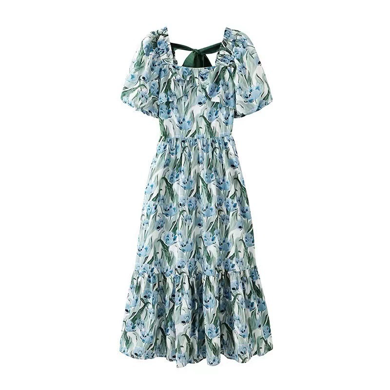 2024 летний новый стиль масляной живописи цветочные платья с короткими рукавами мяты длинные юбки мамбо