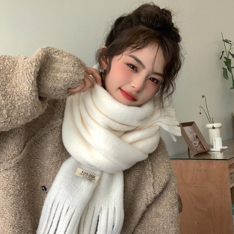 White winter atmospheric keep warm solid color Japanese cute scarf…