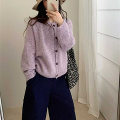 韩系秋冬穿搭圆领针织开衫女宽松慵懒风2025新款花线短款毛衣外套
