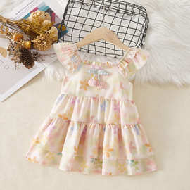 童装2025新款女童连衣裙夏季儿童女宝宝碎花飞袖单层外贸公主裙子