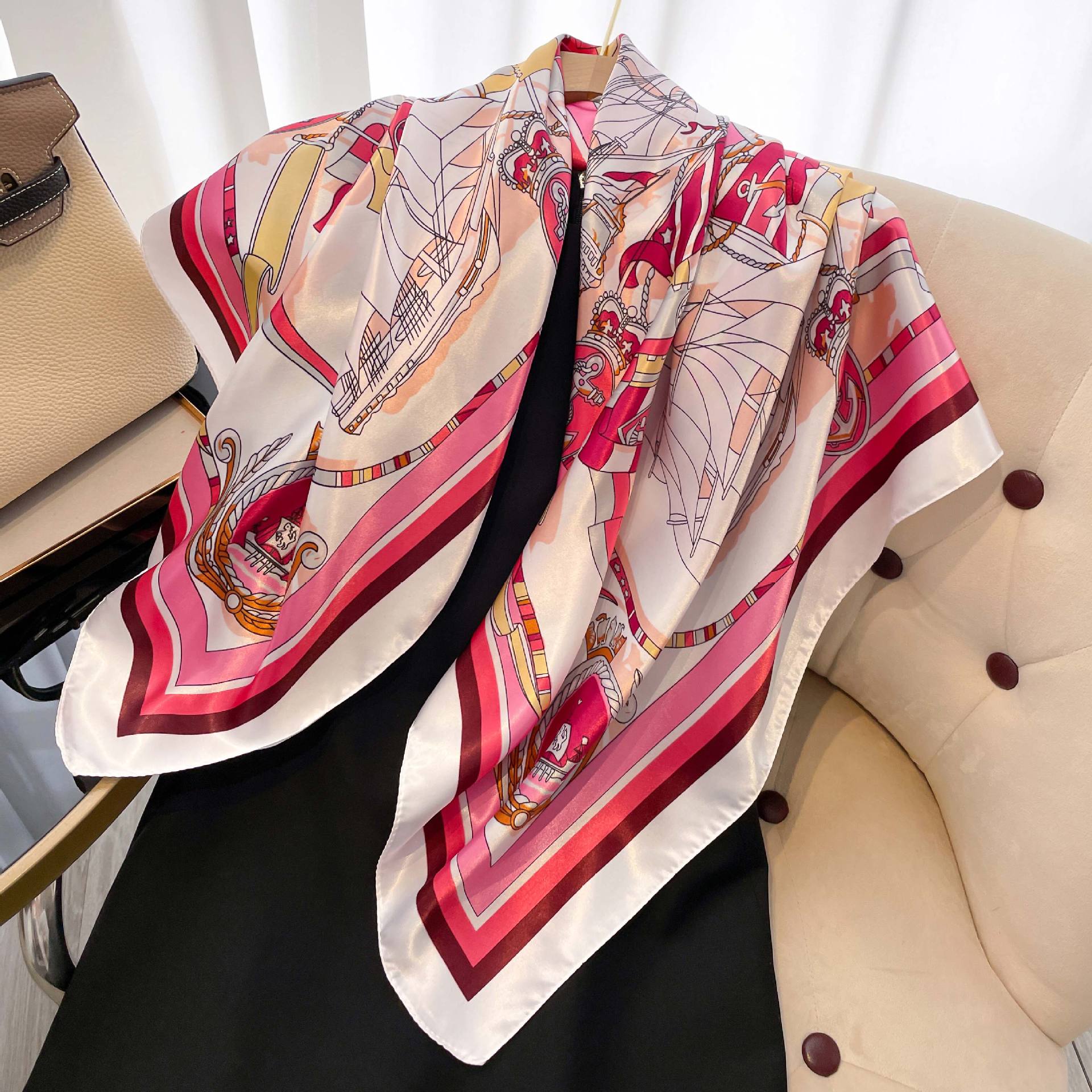 Neu Farbiger Ding Damen-Schal, 90 cm, Seidenimitat, großer quadratischer Schal, großer Schal, professioneller Schal, Stirnband, gerade_voghion.com