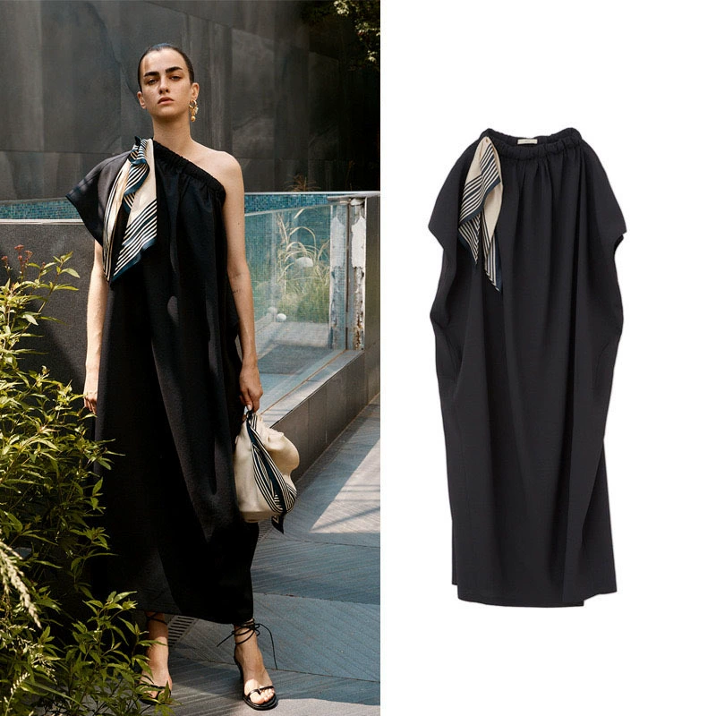 Корейское черное шелковое платье-шарф для женщин, весна 2025, с завязками, свободное платье до плеч, многообразие способов ношения.