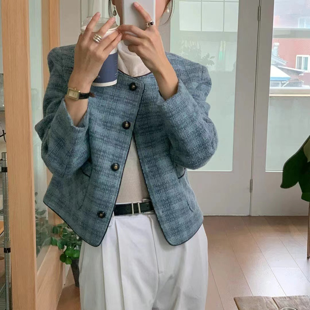 Size Updated South Korea Chic Korean Style Chanel Style Simple Commuting All-Match Sweet Round Neck Tweed Short Jacket