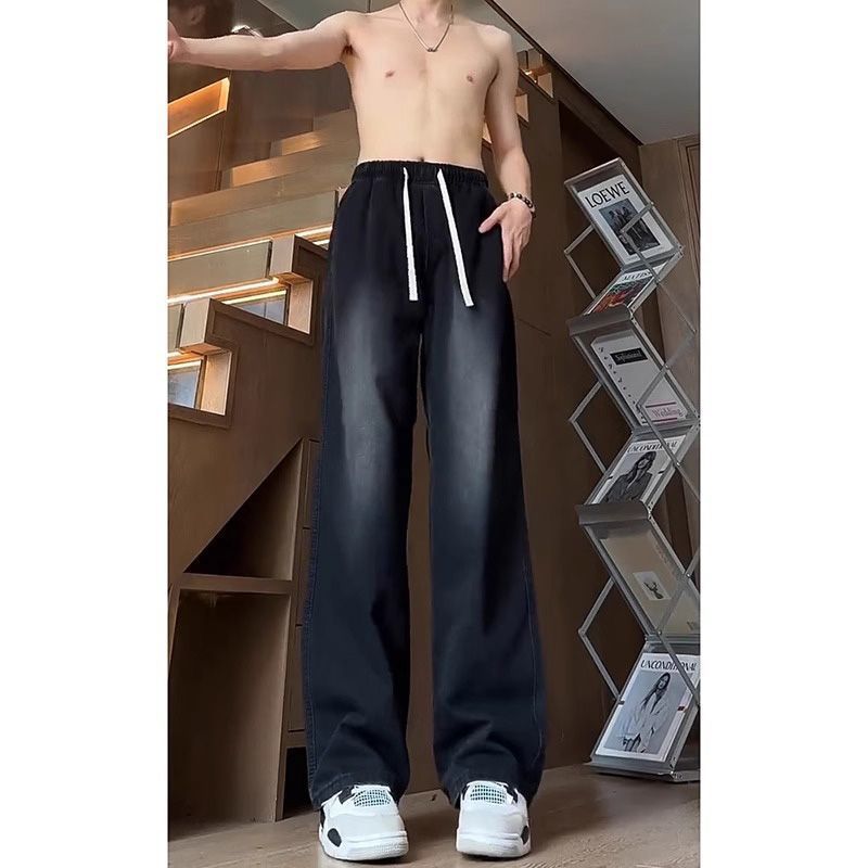 American Style Black Wide Leg Jeans Men's Spring and Summer Design Sense Tall Long Pants Straight-Leg Loose Pants Men