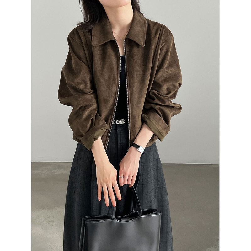 Luxi Suede Vintage Turn-down Collar Straight-Shoulder Jacket for Women, New Fall 2026, Maillard Casual Short Coat 39004 Luxi Suede Vintage Turn-down Collar Straight-Shoulder Jacket for Women, New Fall 2026, Maillard Casual Short Coat 39004