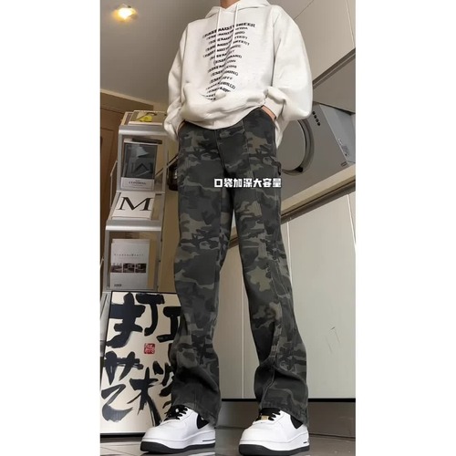 High Street Camouflage Men's Spring and Autumn Vintage Retro American Logging Worker Pants Trend Brand Straight Leg Jeans