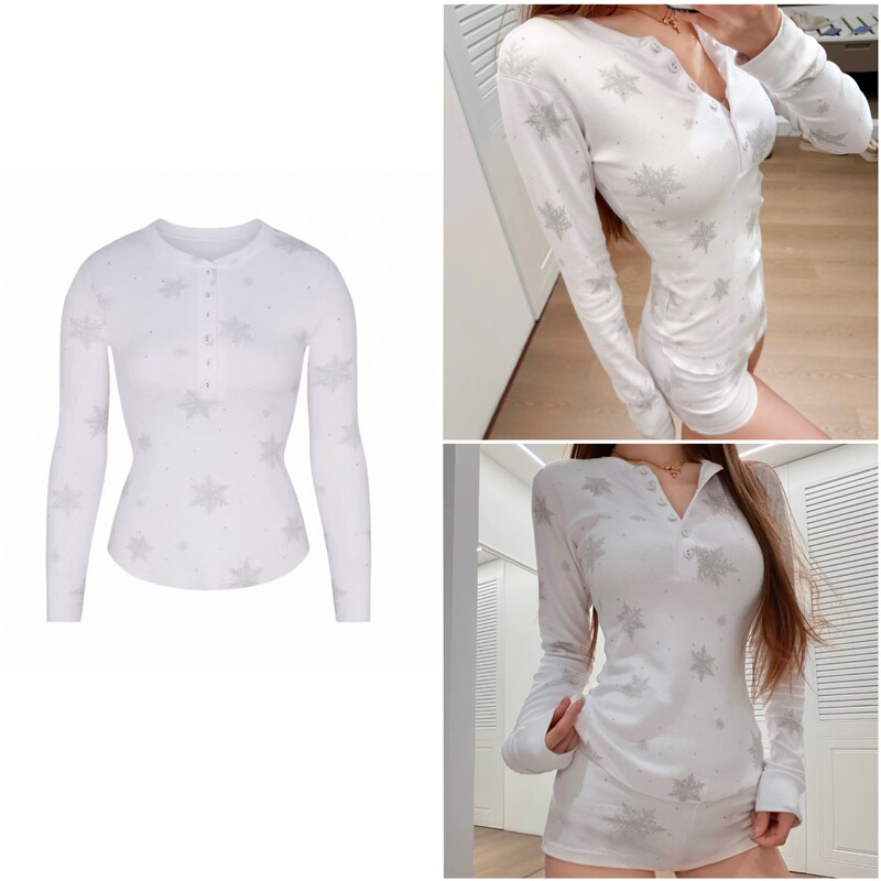 Skim* Original Fabric Christmas Limited Edition Snowflake Rhinestone Round Neck Long-Sleeve T-Shirt for Women, Spicy Girl Style, Slim Fit Top