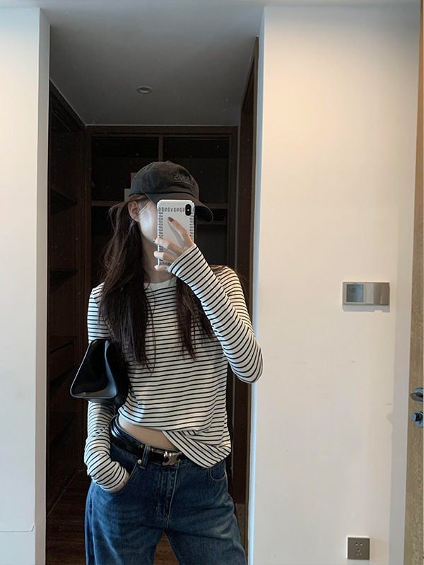设计感小众条纹长袖T恤女春秋内搭短款打底衫辣妹修身显瘦上衣服|undefined