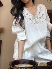 仙美富贵花法式镶钻珠绣亚麻衬衫V领早秋新款长袖上衣146
