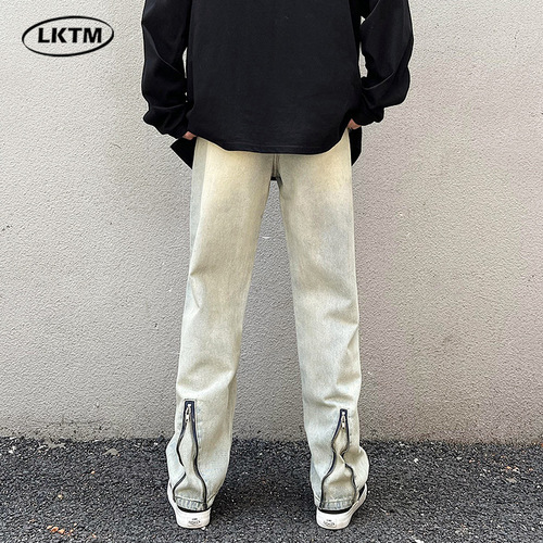 LKTM Men's #American High Street Yellow Clay Washed Distressed Jeans Men's Trend Brand Loose Straight Leg Wide Leg Pants