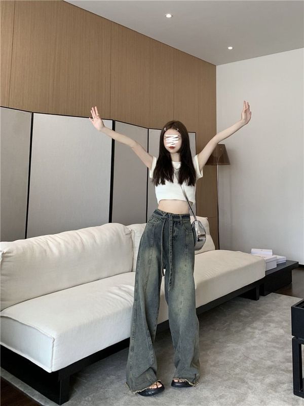 美式复古牛仔裤女装夏季做旧小个子高腰毛边宽松拖地长裤阔腿裤子|undefined