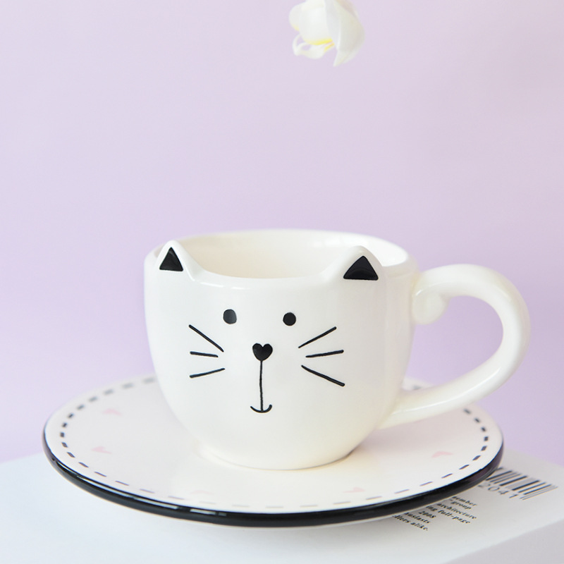 Gato negro taza de café y platillo traje de vajilla de cerámica serie cafetería club conjunto completo de fabricantes de una sola pieza de entrega