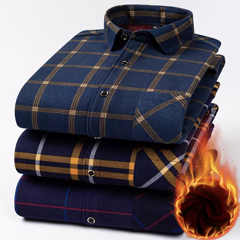 保暖男士格子衬衣加绒加厚格子印花双面绒衬衫秋冬衬衫多色可选