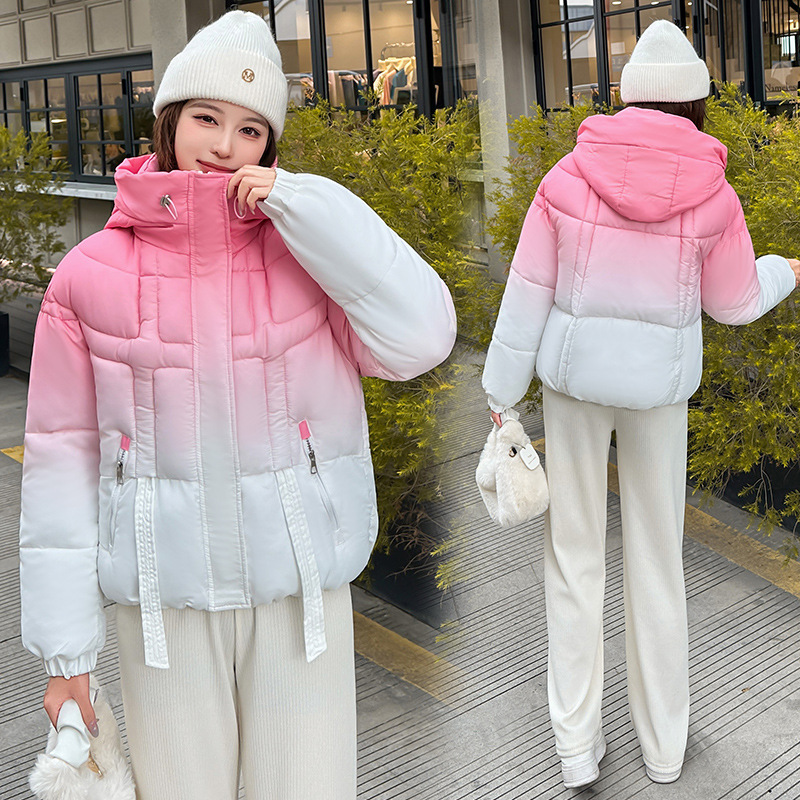 Capa de algodón transfronteriza 2025 nueva ropa de algodón de color gradiente chaqueta de algodón de mujer americana chaqueta de invierno con capuzas chaqueta gruesa