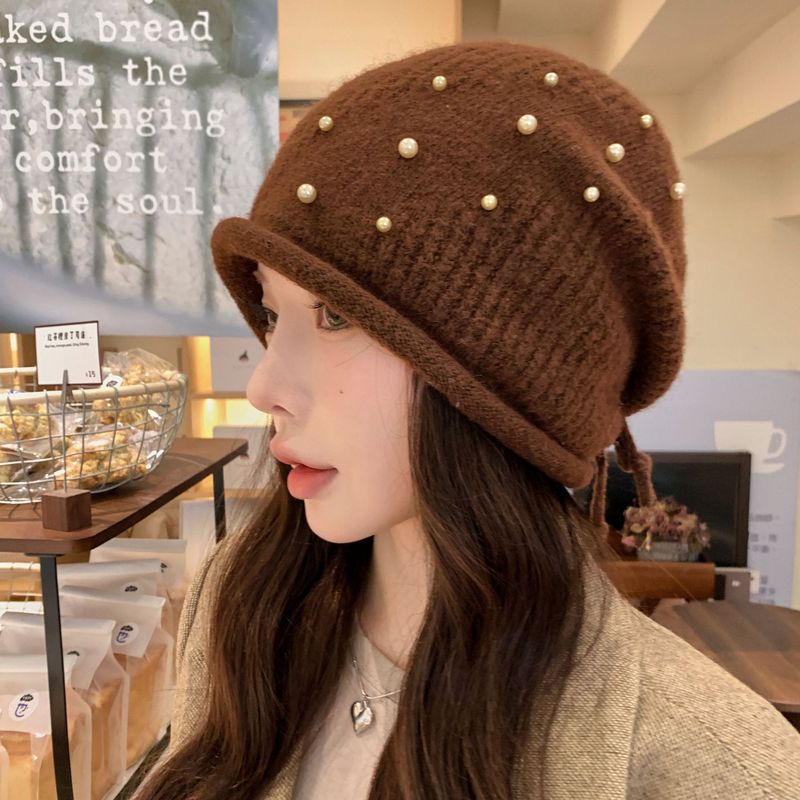 高级感重工手工珍珠时尚针织帽女秋冬新款百搭毛线帽保暖护耳帽潮|undefined