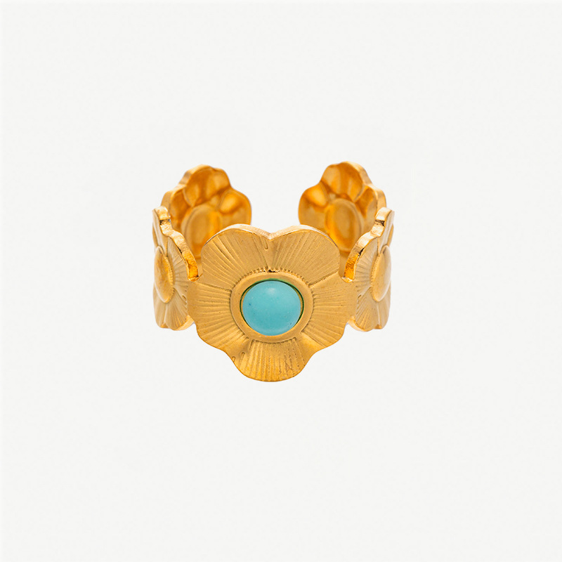 TENA francés oro turquesa 18 quilates anillo de acero inoxidable de mujeres de alta calidad anillo de acero de titanio flor transfronteriza