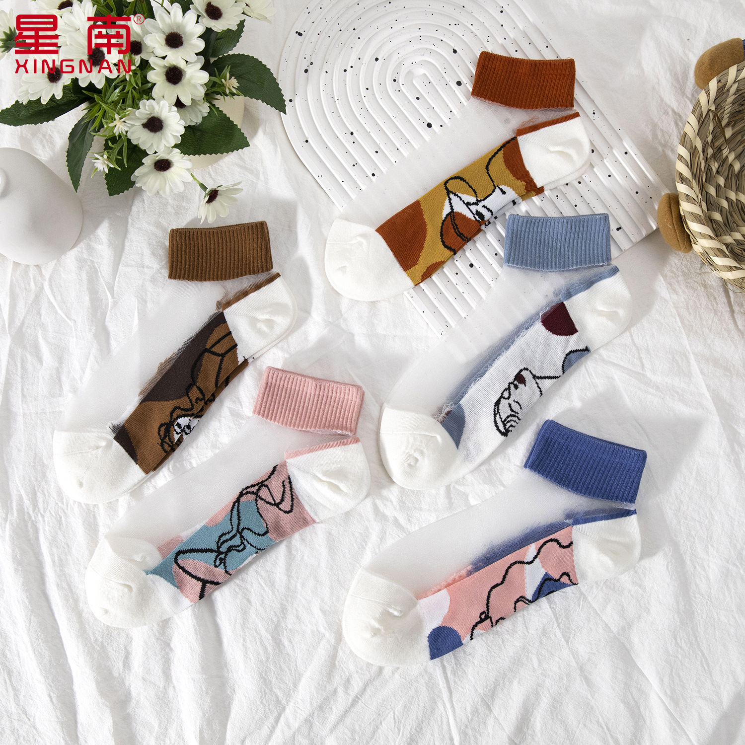 Crystal Silk women's socks spring new abstract girls all-match women's socks ins tide cotton bottom glass Silk women's socks