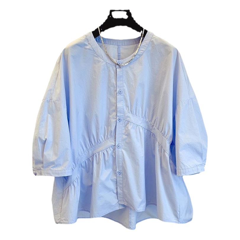 Camisa holgada de diseño coreano de verano 1688, asimétrica, fruncida, con parches, estilo muñeca, para mujeres pequeñas, estilo moderno.