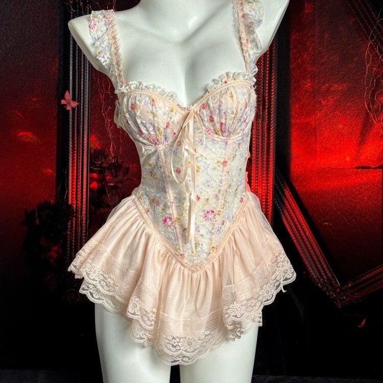 Half-Sugar Gravity Floral Print Sweet Fishbone Bra with Chest Pads Pure Desire Camisole Lingerie Push-Up Women 992