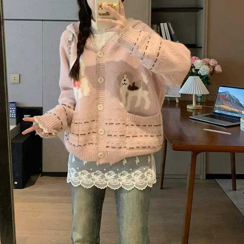 甜美可爱连帽开衫毛衣外套女秋冬款学生小个子宽松慵懒短款针织衫