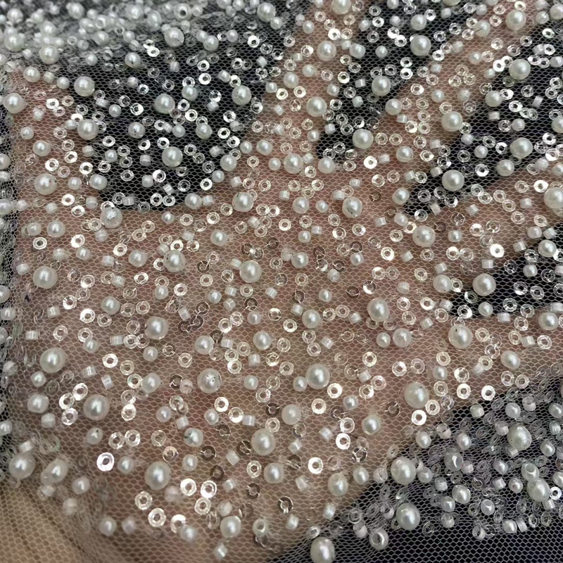 Mesh Fabric with Floral Patterns, Bubble Beads, Tube Beads, Rice Beads, Sequins, Embroidered Fabric, Dress, Wedding Dress, Beading Fabric, High-Density Mesh Fabric Mesh Fabric with Floral Patterns, Bubble Beads, Tube Beads, Rice Beads, Sequins, Embroidered Fabric, Dress, Wedding Dress, Beading Fabric, High-Density Mesh Fabric